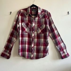 Vintage Western Grey Plaid Checked Button Up Shirt Medium